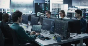 556309-0-55620800-1746596118-shutterstock_2287185545 - Helpdesk Informática - Helpdesk Informática Team of engineers coding at desks with multiple monitors in a server room by dim blue lighting in the background.