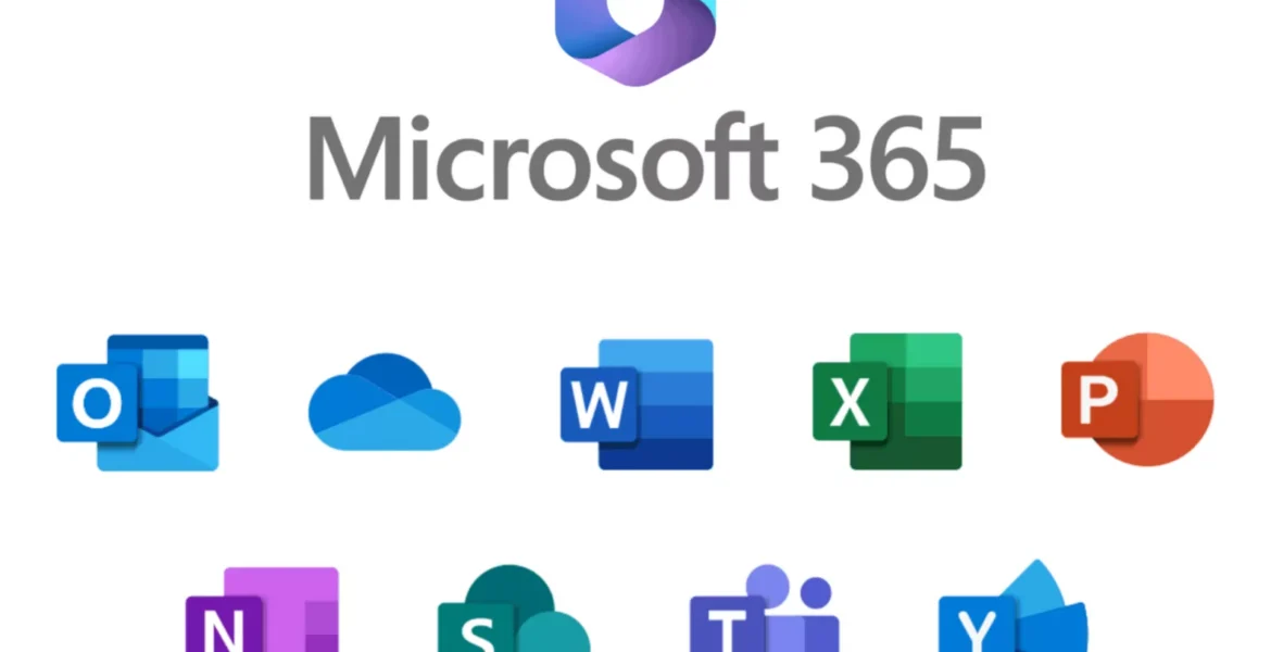 Microsoft 365-Logo zentriert über einer Reihe bunter App-Symbole (Outlook, OneDrive, Word, Excel, PowerPoint), die die Suite der Microsoft 365-Apps anzeigen.